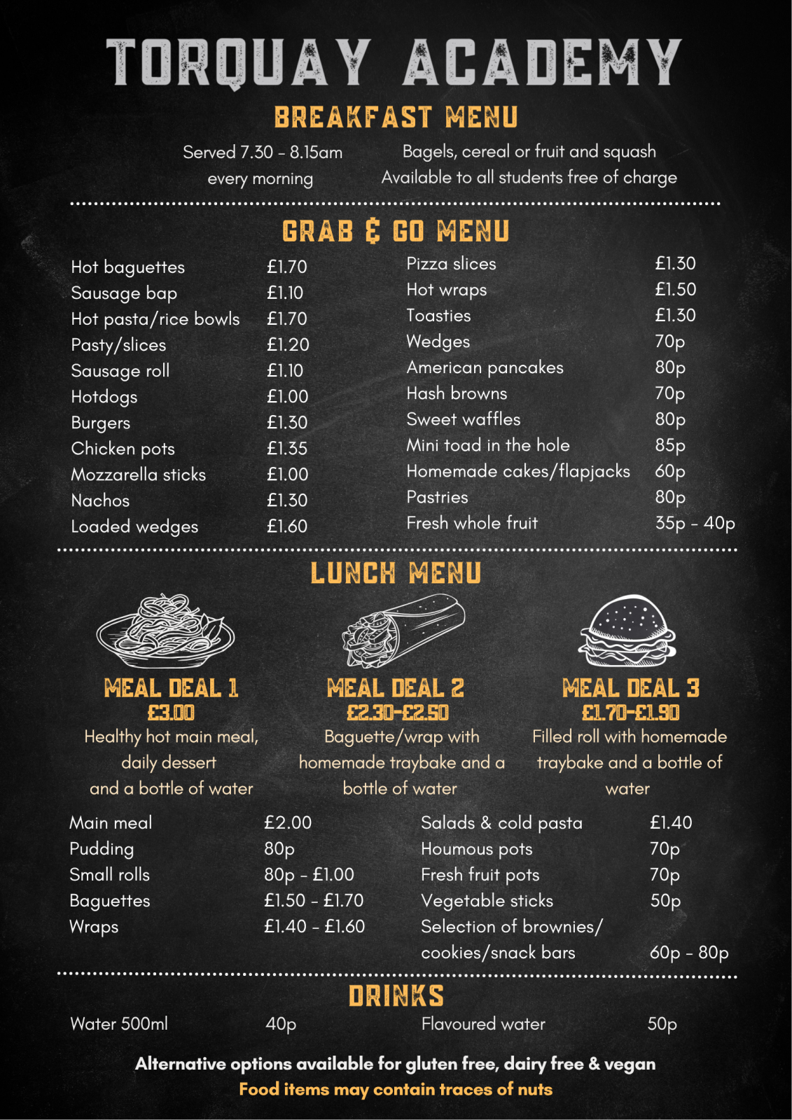 Torquay Academy three-week canteen menu for 2026–27