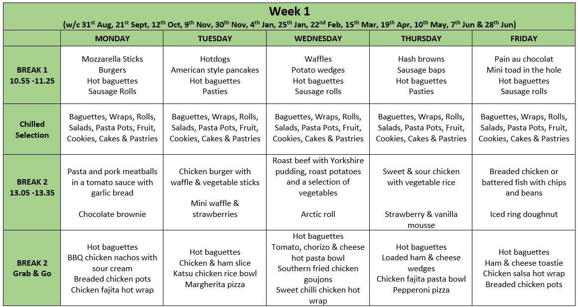 Torquay Academy canteen menu: week 1